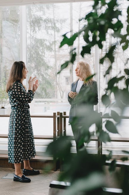 Side view of young woman in elegant dress standing near window in office and explaining new project to female colleague in formal outfit